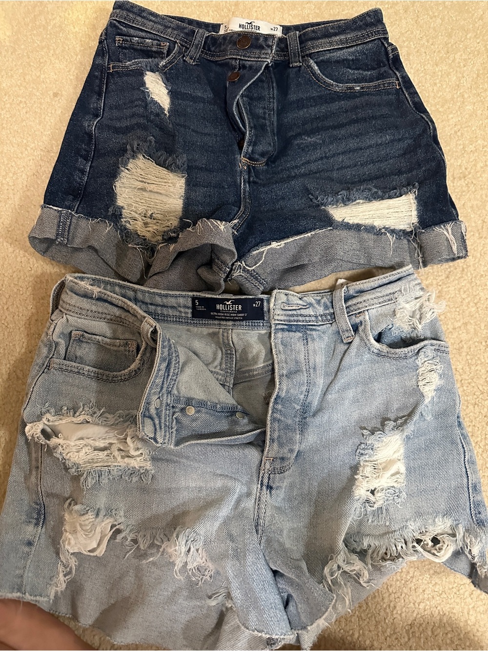 Hollister Ripped Denim Shorts Set in Dark Indigo and Light Blue